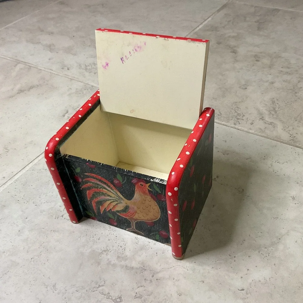 Vintage Hand Painted Wooden Recipe Box Rooster Cherry Farmhouse Kitchen Decor